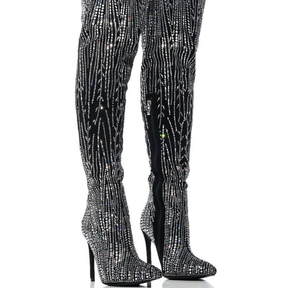AZALEA WANG " GLAZED GLAMOUR " RHINESTONE SPARKLE STILETTO BLACK BOOT(BRAND NEW!